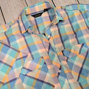 Vintage  70s JOYA Plaid Short Sleeve  Pullover Button Up Shirt Mens Size 38‎